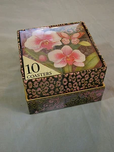 Punch Studio Decorative Square Box of 10 Coasters Red Flowers Butterfly - Picture 1 of 4