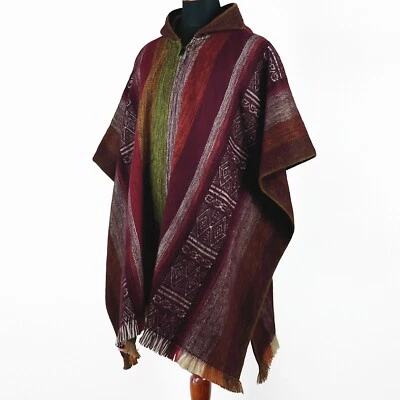 Lightweight Baby Alpaca Wool Poncho Handmade S.American Artisans Burgundy Red - Image 1 of 4