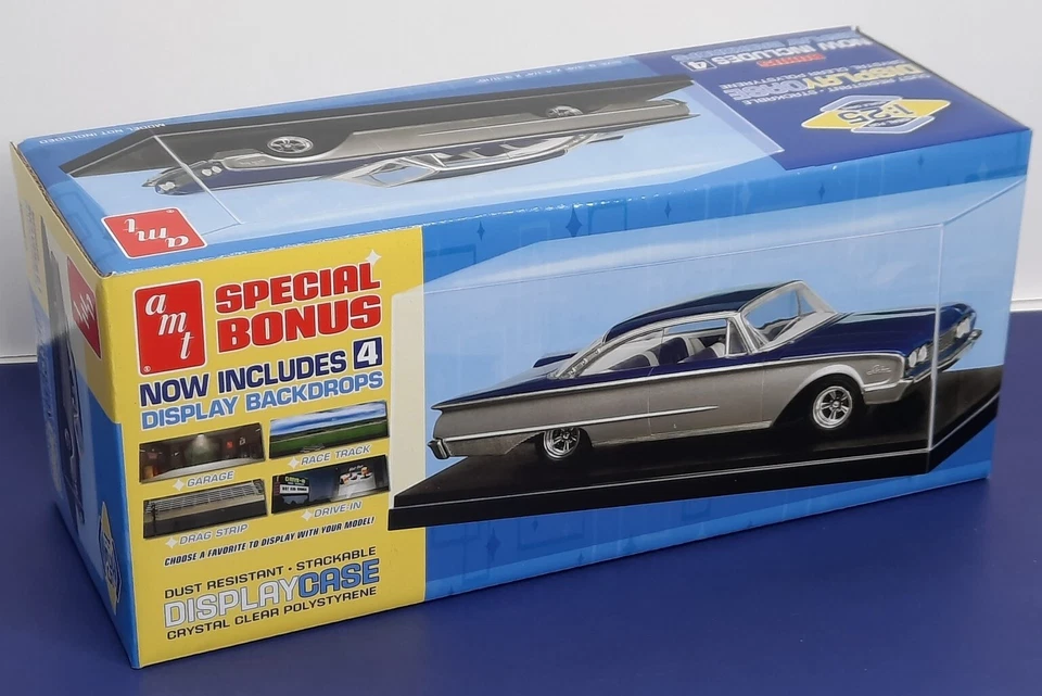 AMT Display Case clear plastic Black Base 1:24 1:25 Car Model w 4 Backdrops 600 - Image 1 of 4
