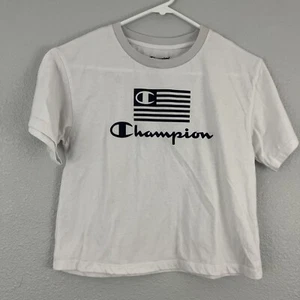 CHAMPION logo cotton cropped women's t-shirt top white, gray neckline size L Jrs - Picture 1 of 7
