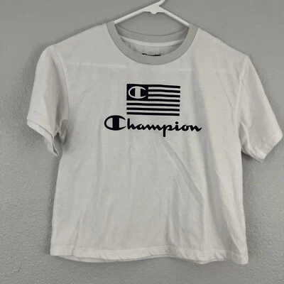 CHAMPION logo cotton cropped women's t-shirt top white, gray neckline size L Jrs - Image 1 of 4