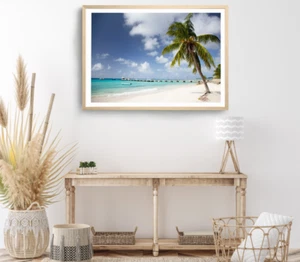 Beach Huts Print, Plam Trees Wall Art, Sea Sky Framed Beach Wall Art, Coastal - Picture 1 of 5