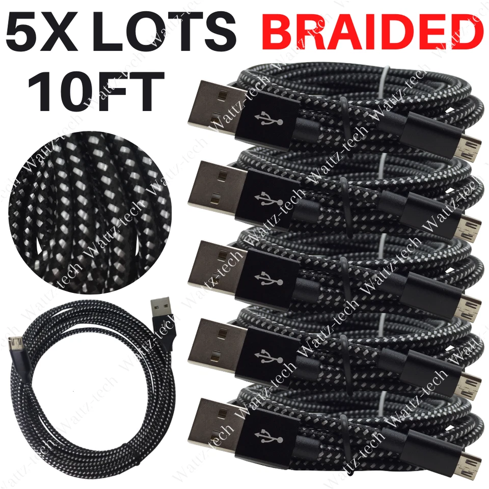 5 PACK 10Ft Fast Micro USB Charger Cable Cord Braided Lot For Android Samsung LG - Image 1 of 4