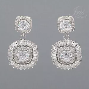 18K White Gold Plated Cubic Zirconia CZ Wedding Bridal Drop Dangle earrings 0005 - Picture 1 of 4