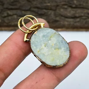 Aquamarine Raw Gemstone 18k Gold Plated 925 Silver Electroforming Pendant Gift - Picture 1 of 4