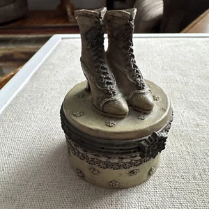 Victorian Laced Tan Boots Resin Hinged Pill Trinket Box 3" tall by 2" wide - Picture 1 of 7