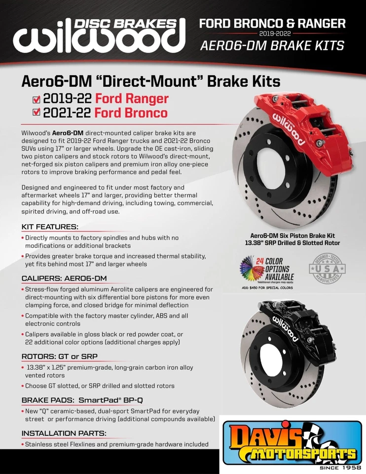 Kit de freio dianteiro Wilwood AERO6, compatível com 19-22 Ford Ranger, 6 pistões, rotores perfurados - Imagem 1 de 4