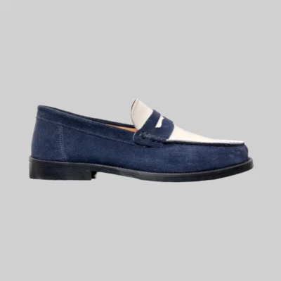 Mocassini Uomo Camoscio Blu Pelle Bianco Fondo Cuoio Made in Italy Loafers - Immagine 1 di 4