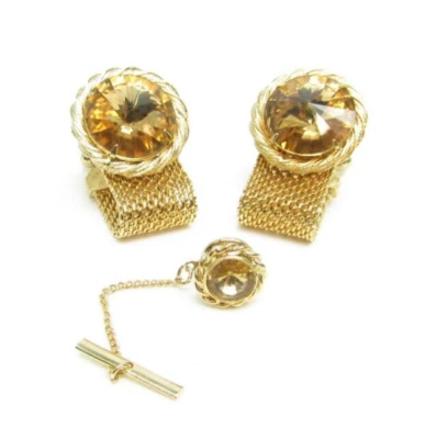 Rossi Ltd. 网状黄铜袖扣和领带 Tac 针带黄石 — 第 1/4 张图片