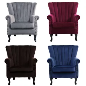High Wing Back Armchair Fabric Scalloped Chair Fireside Seat Living Room Lounge - Picture 1 of 102