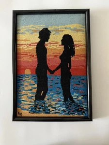 Vintage Handmade Embroidery Wall Art Sunrise Romantic Couple Silhouette 1970s - Picture 1 of 7