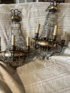 Victorian Pair French Empire Crystal 3 Arm Electric Wall Sconces Lights Elegant - Picture 1 of 24