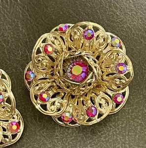 Pendientes de colección Sarah Coventry tono dorado filigrana AB estrás flor clip B094 - Imagen 1 de 8