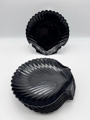 ARCOROC Coquillage Black Glass Seashell Clam Dessert Salad Plates 8” Goth Set~8 - Image 1 of 4