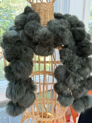 Unbranded Green Genuine 100% Rabbit Fur Pom Pom Scarf Wrap One Size Women's 60” - Image 1 of 4