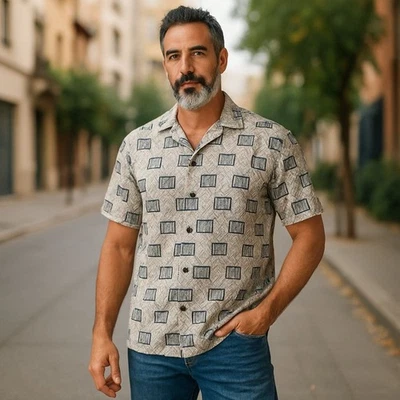 Montage Pour Homme Mens Shirt Button Up Polo Short Sleeve Silk Sz M Beige Casual - Image 1 of 4