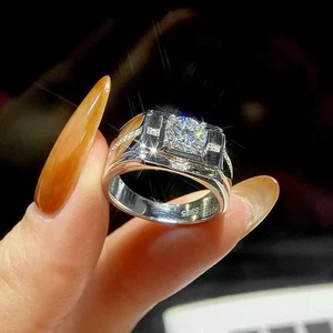 Men's Engagement Ring 2.10 Round Certified Moissanite 14K White Gold Plated - Picture 1 of 10