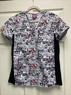 Divine Scrubs JDM  Uniforms-Med-Owls- Side Panels-Nurse Medical Dental Scrub Top - Image 1 of 4