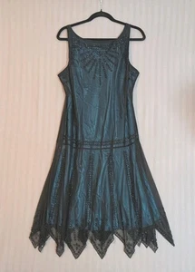 VTG SL Fashions Dress 14 Sheer Black Beaded Y2K Dress Green Lined Asymetrical - Picture 1 of 16