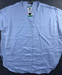 DKNY Jeans Shirt Womens XLarge Blue V Neck Short Sleeve Relaxed Top Blouse New - Picture 1 of 10
