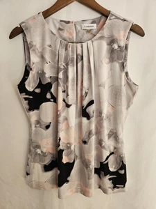 Calvin Klein Blouse Women’s Sleeveless Top Large Floral Print Gray Black Pink - Picture 1 of 5