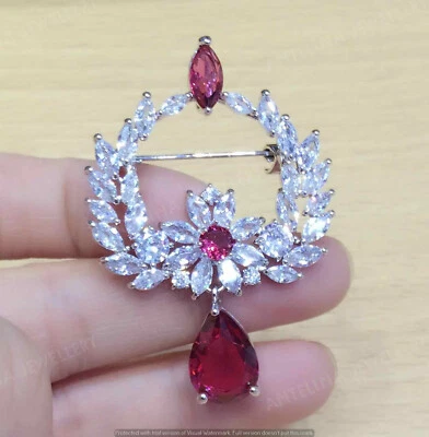 6.00Ct Pear Cut Pink Ruby Beautiful Cluster Pin Brooch In 14k White Gold Finish - Image 1 of 4