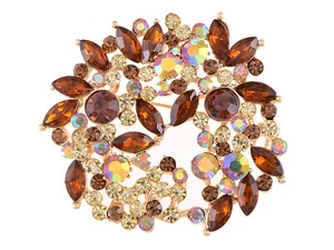 Topaz Brown Crystal Rhinestone Floral Wreath Brooch Pin - Picture 1 of 4