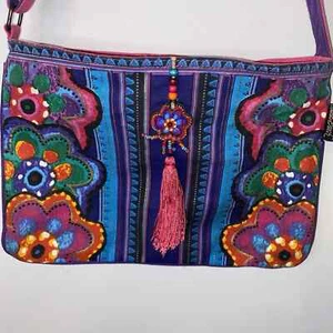 Laurel Burch Multicolor Blumen Quaste Canvas Crossbody Handtasche Vintage - Bild 1 von 3
