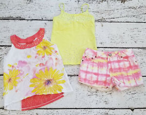 JUSTICE Girls 3 Piece Outfit - Pink Floral Tank, Yellow Tank, Denim Shorts 12 