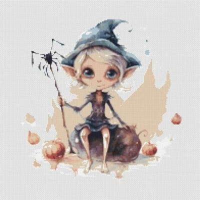 Halloween Elf Pixie Watercolour. Large, Modern, Original Counted Cross Stitch - Image 1 of 4