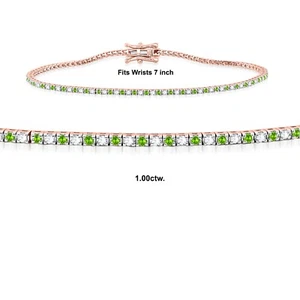 Womens Tennis Bracelet 14K Rose Gold 1Ct Lab Grown Diamond & Genuine Peridot - Picture 1 of 7