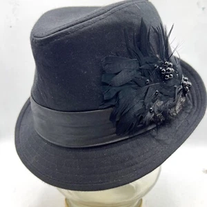 Fidora Hat. OS. Black with Black Satin band, feathers and beads. - Picture 1 of 5