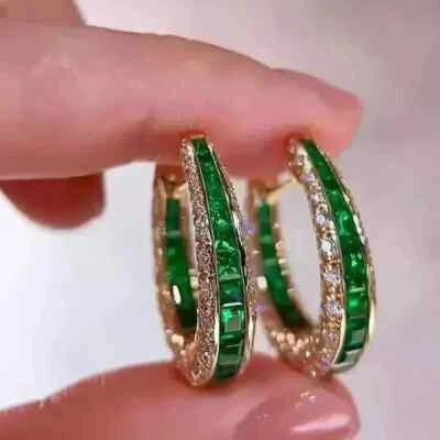 2Ct Princess Cut Lab-Created Emerald Hoop Huggie Earrings 14K Yellow Gold Plated - Image 1 of 4