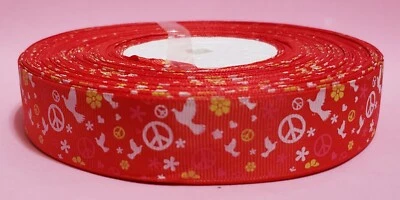 20 Yards Red Polyester Ribbon 1" Grosgrain Peace Signs Doves Flowers - Image 1 of 4