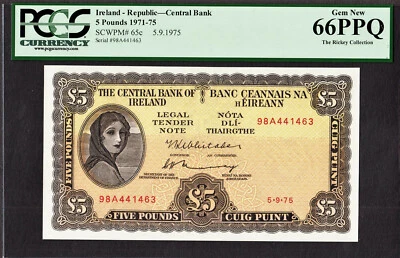 Ireland Lady Lavery 5 Pounds Dated 5-9-1975 Pick-65c GEM UNC PCGS 66 PPQ - Image 1 of 2