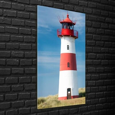 Glasbilder Küche XXL 70x140 Leuchtturm auf Düne strand gras Deutsches Meer - Bild 1 von 4