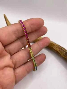 6Ct Lab Created Multi-color Stone Rainbow Tennis Bracelet 14KYell Gold Plated 7" - Picture 1 of 5