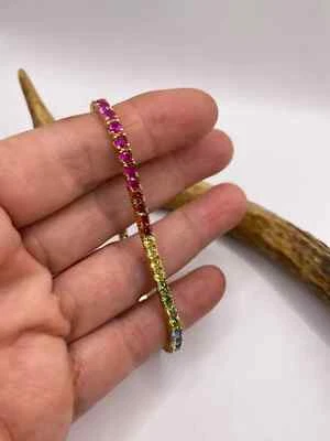 Brazalete de tenis arco iris piedra multicolor creado en laboratorio de 6 quilates chapado en oro de 14 quilates de 7" Foto 1 de 4