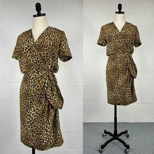Vintage 90s 100% Silk Sarong Wrap Dress Leopard Animal Print Classic Mob Wife 4 - Picture 1 of 10