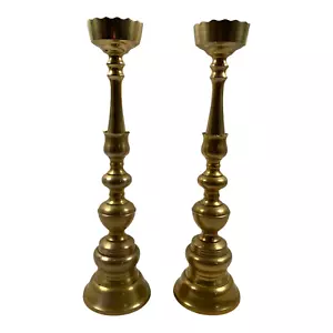 Brass Candle Stick Holders English Style Scalloped Tall Own Wax Cup 12in x 3in - Picture 1 of 9