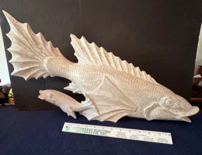 Hand Carved Wooden Sea Bass Fish w/ Juvenile Garuda Bali Indonesia Natural Wood - Image 1 of 4