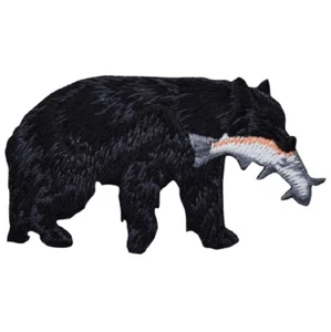 Black Bear Applique Patch - Salmon Fish Embroidered Badge 3-1/8" (Iron on) - Picture 1 of 1