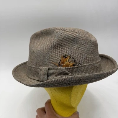 Vintage Churchill Ltd Fedora Hat Size 7 3/8 Capper Happer Feather Brown Tweed - Image 1 of 4