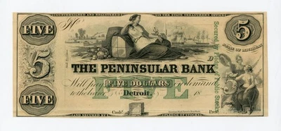 1800's $5 The Peninsular Bank - Detroit, MICHIGAN Note  - Image 1 of 2