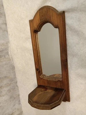 VTG Rustic Handmade Wooden Wall Oval Mirror w/ Candle Shelf Approx 18” x 7” - Image 1 of 4