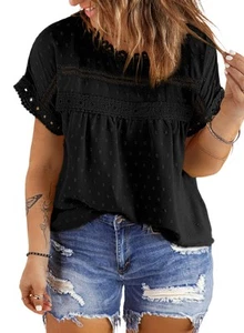 Women Plus Size Tops Crewneck Short Sleeve Lace Crochet Loose Casual Summer B... - Picture 1 of 6