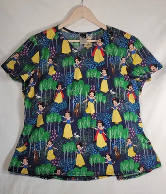 Womens XL Cherokee Tooniforms Snow White Scrub Top Disney Princess V-Neck - Image 1 of 4