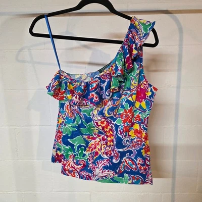Lauren Ralph Lauren Petite L One Shoulder Ruffle Bold Floral Cotton Top Beach - Image 1 of 4