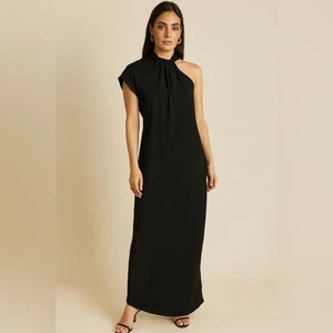Maxi Vestido Banana Republic Kaia Seda Negro Mangas Asimétricas Cuello Atado Vestido - Imagen 1 de 13