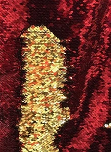 Mermaid Sequins 5mm Gold/Red Fabric by yard on Spandex Flip Reversible Pillow  - Picture 1 of 3